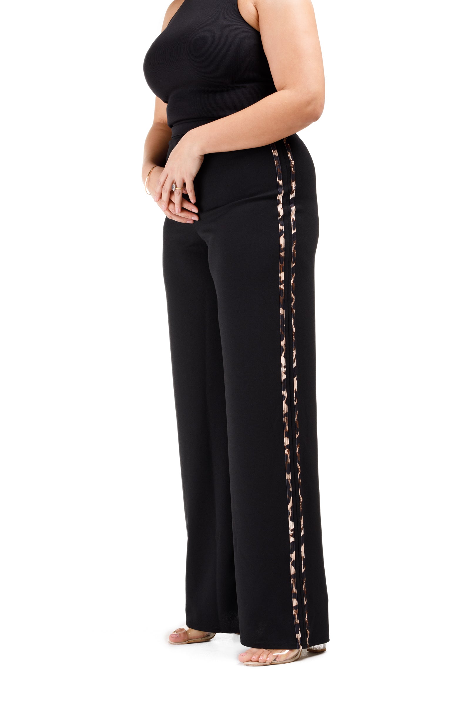Side Stripe Black Crepe Wide Leg Trousers