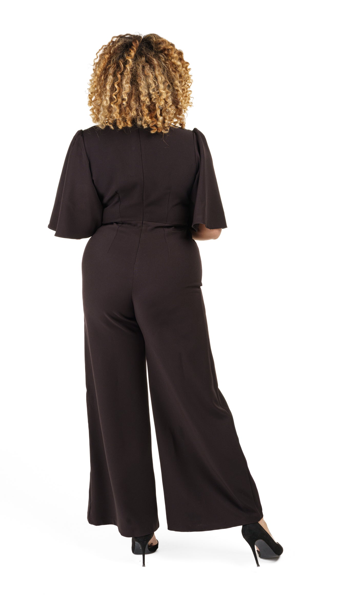 Flare Sleeve Crepe Wrap Front Jumpsuit Black