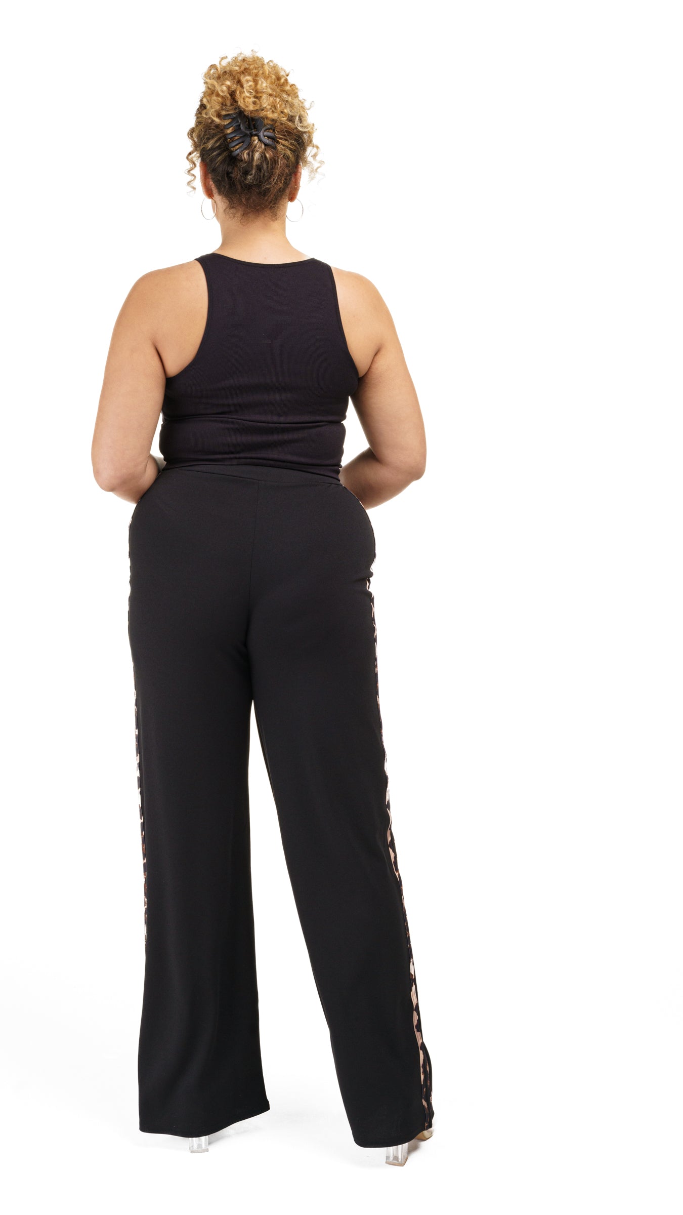 Side Stripe Black Crepe Wide Leg Trousers
