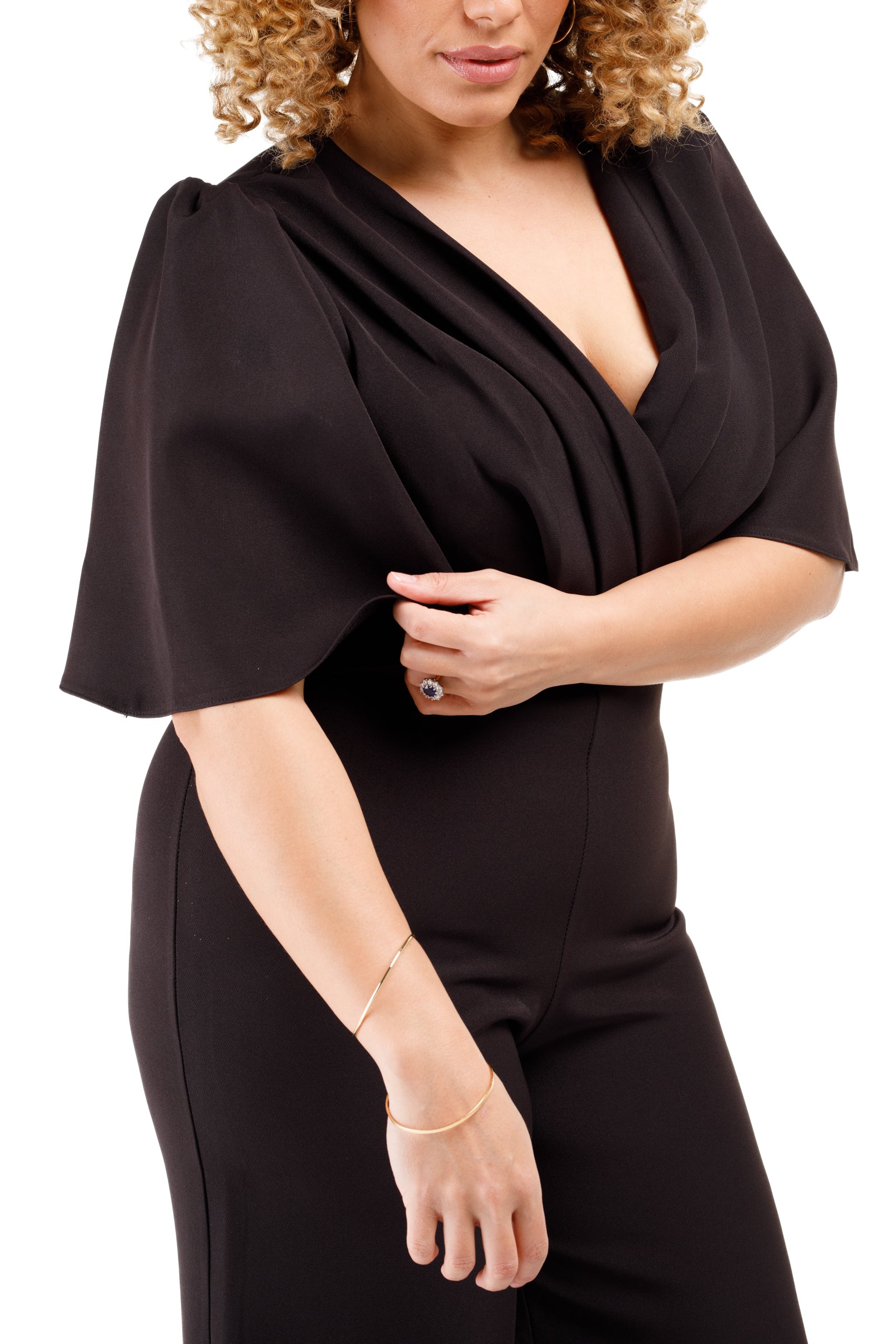 Flare Sleeve Crepe Wrap Front Jumpsuit Black