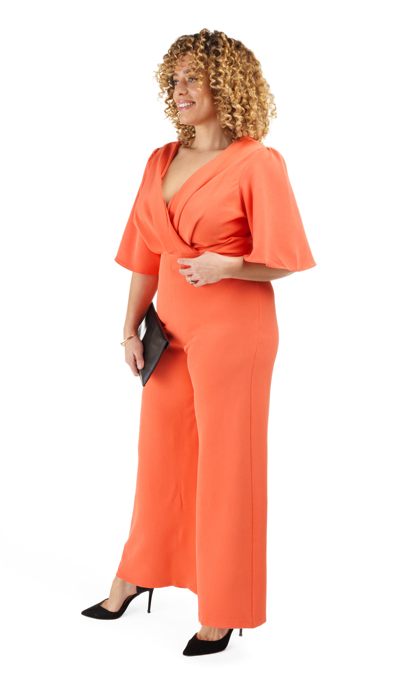 Flare Sleeve Crepe Wrap Front Jumpsuit
