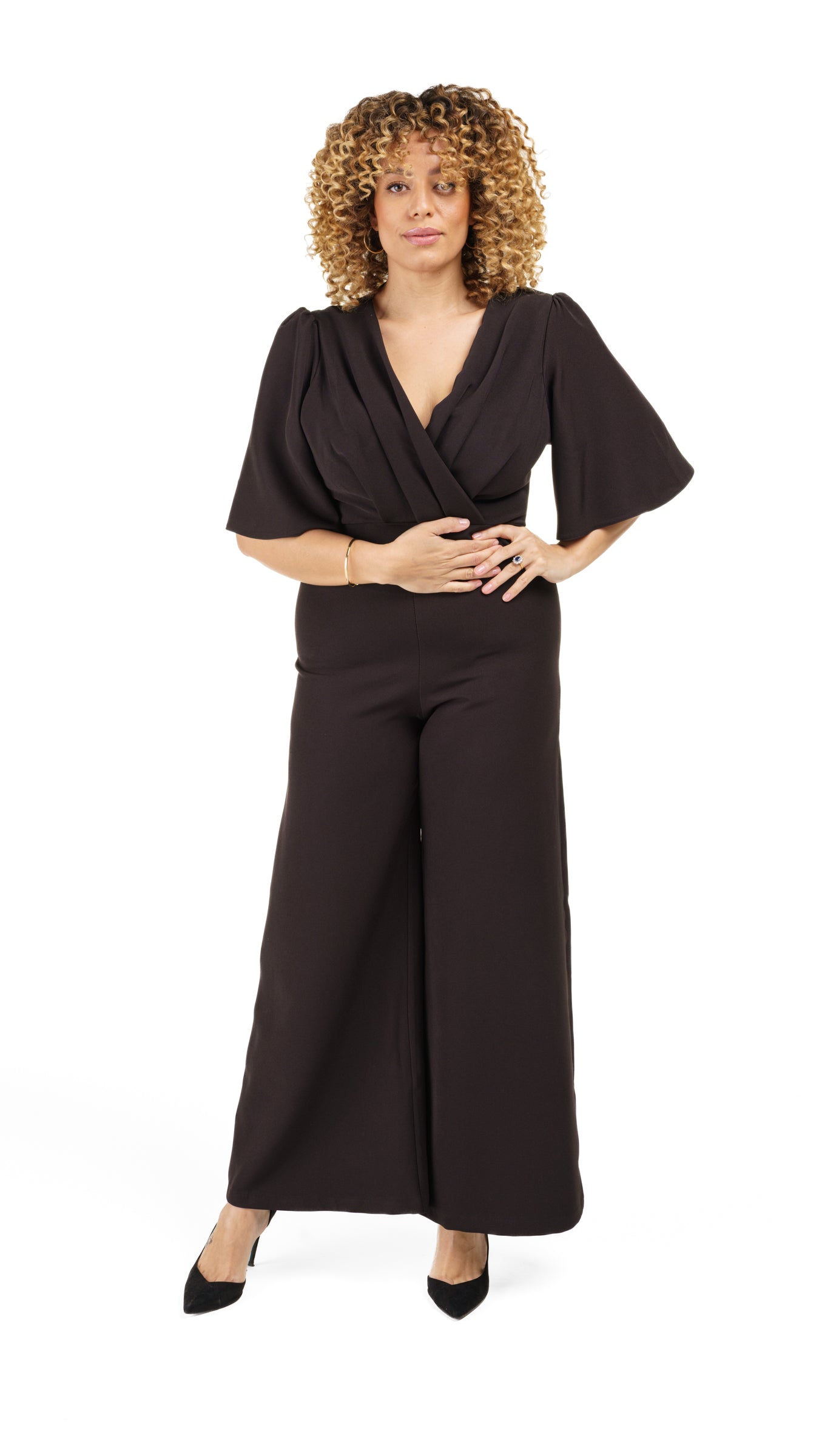 Flare Sleeve Crepe Wrap Front Jumpsuit Black