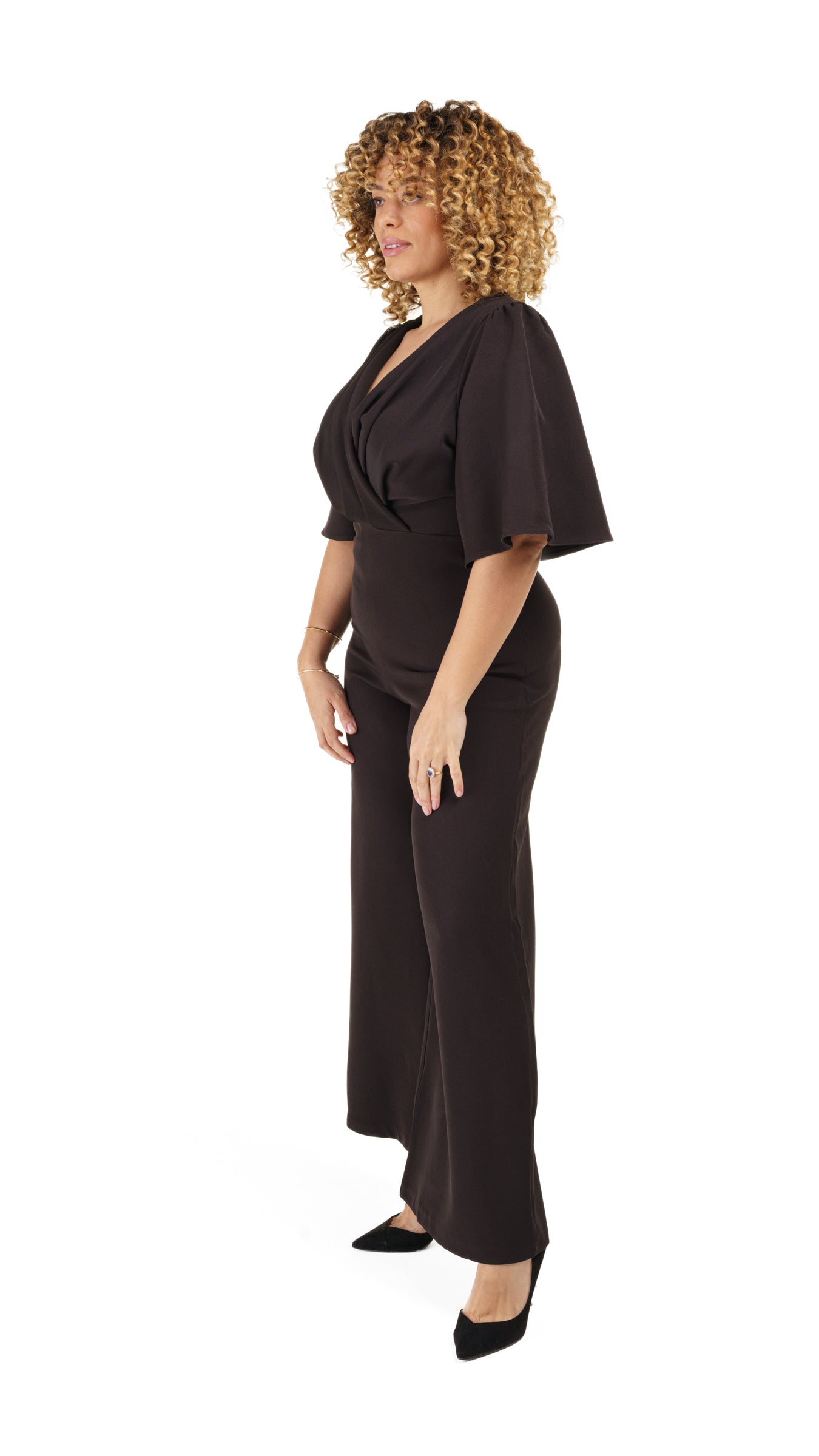 Flare Sleeve Crepe Wrap Front Jumpsuit Black