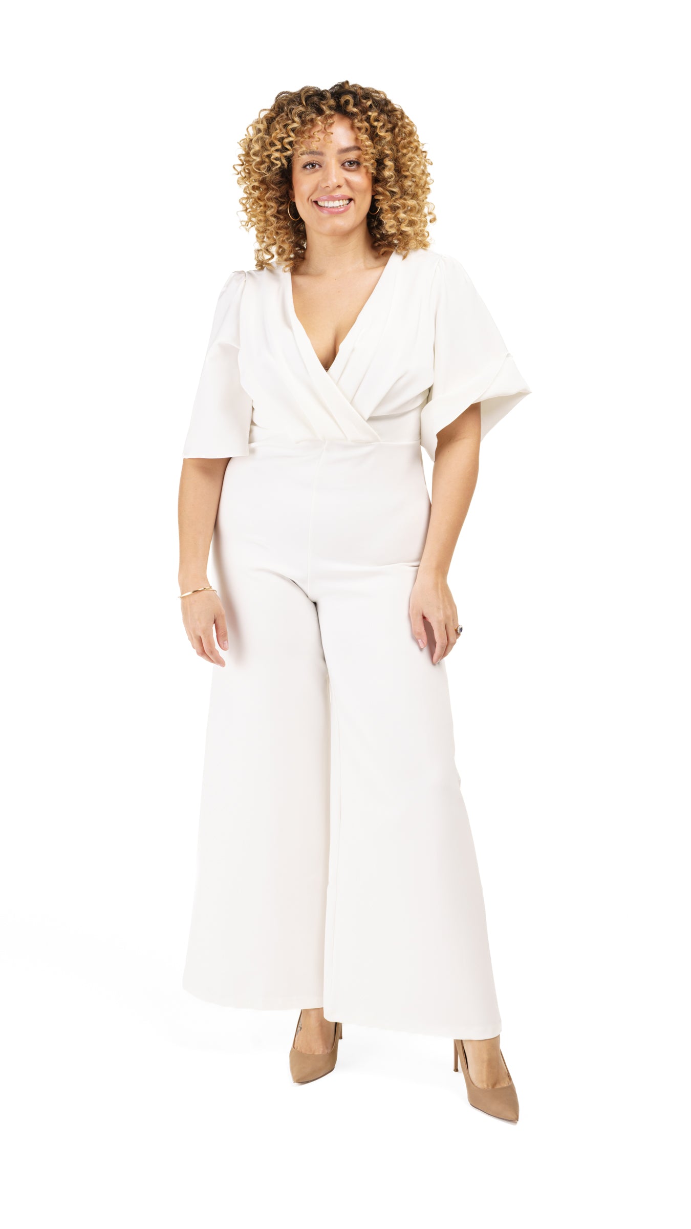 Flare Sleeve Crepe Wrap Front Jumpsuit White