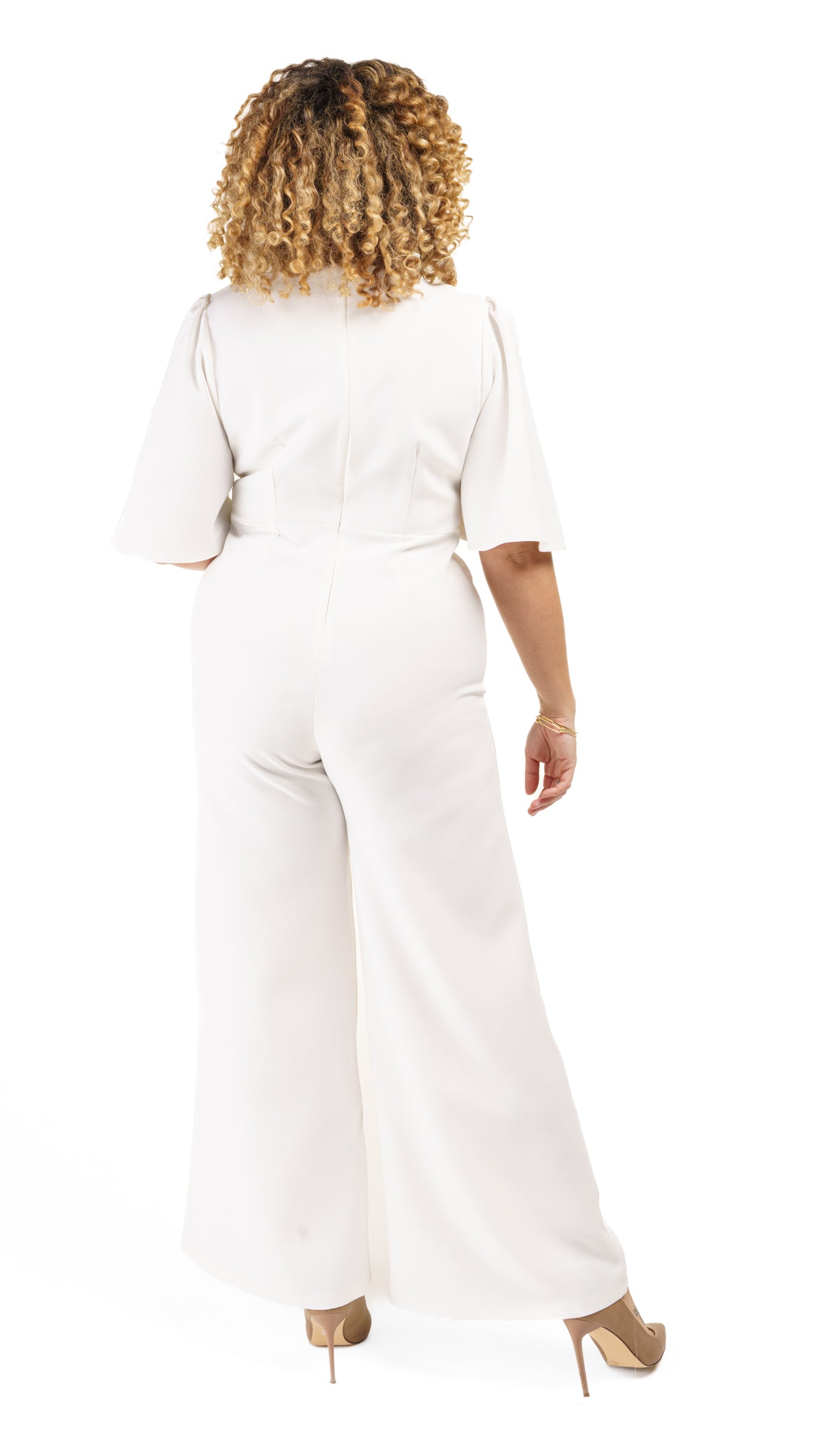 Flare Sleeve Crepe Wrap Front Jumpsuit White