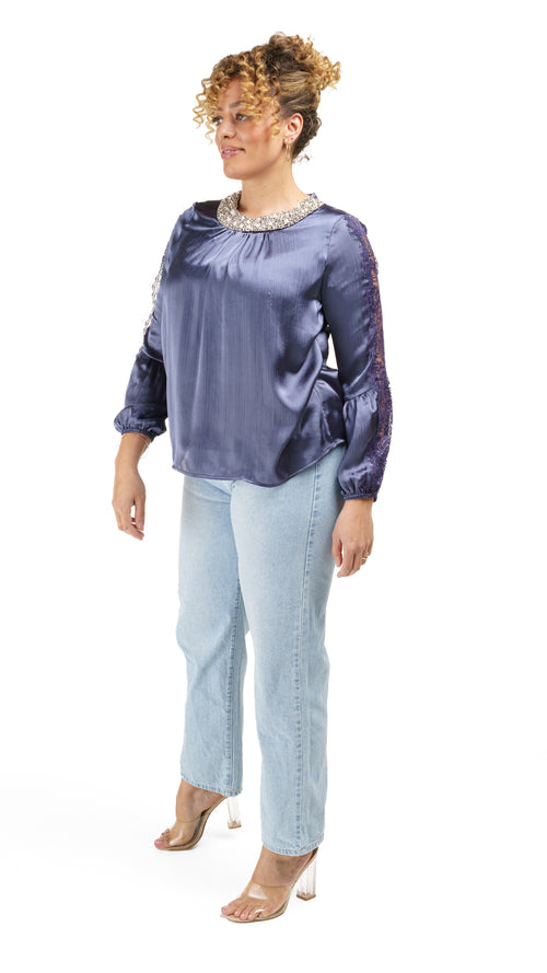Blue Lace Stone Satin Top