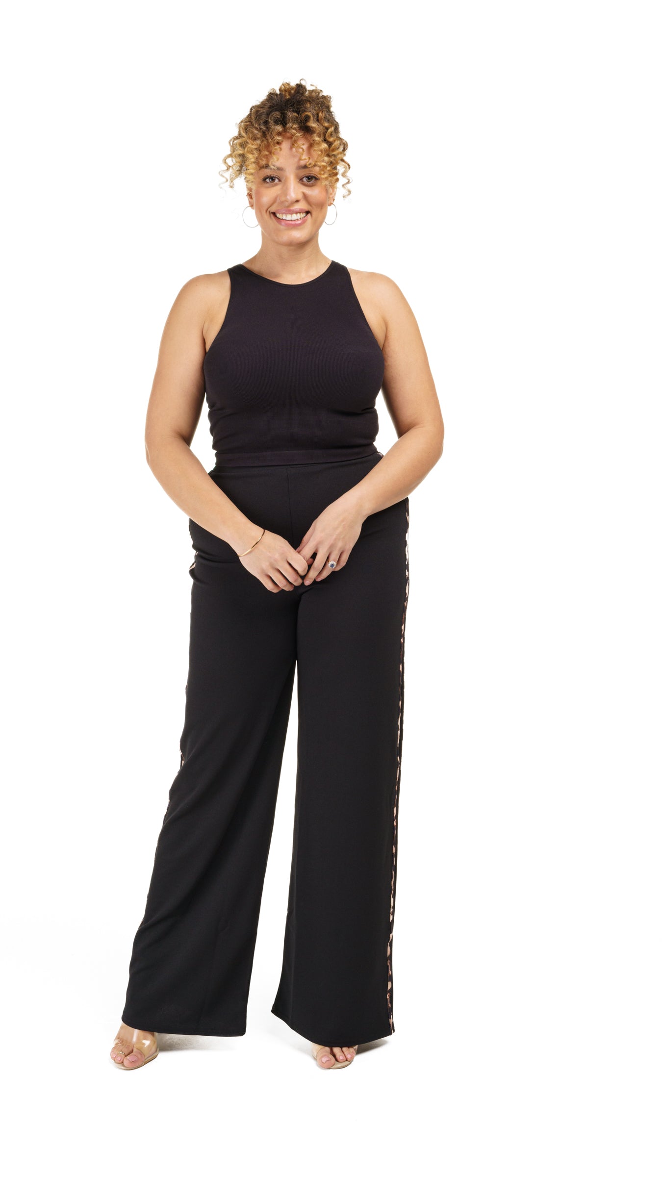 Side Stripe Black Crepe Wide Leg Trousers
